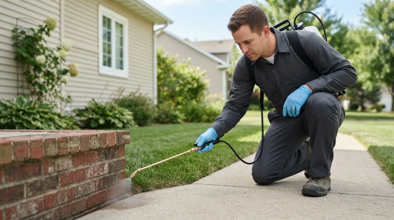 Pest control technician treating a home near White Lake, MI